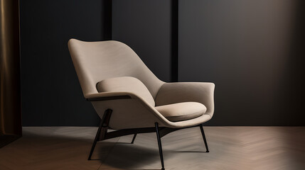 A white chair with black legs sits in a room with a dark background