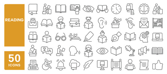 Set of 50 line icons related to reading, book, knowledge, information, culture, audio, library, braille, study, dictionary, archive, guide, reader, Editable stroke. Vector illustration