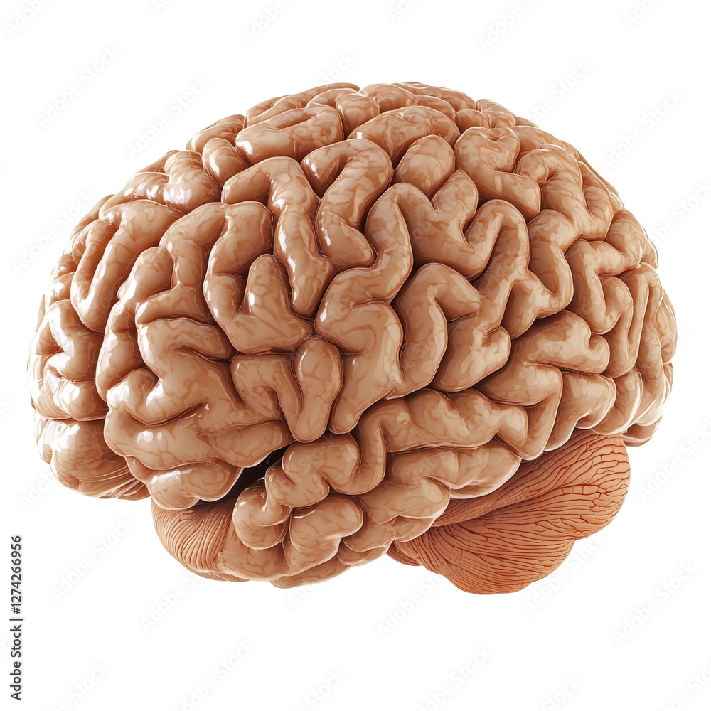 Poster detailed 3D illustration of human brain showcasing its intricate folds and structure, emphasizing its biological complexity and importance in nervous system