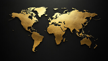 A miniature world map in gold foil on a black background.