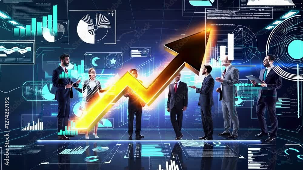 Poster businesspeople are discussing company growth, represented by a large golden upward arrow, with digit