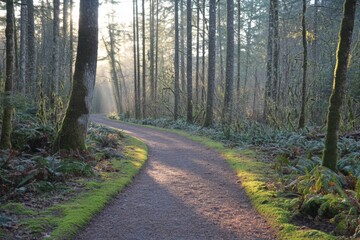 Fototapeta premium Forest pathway covered with fallen leaves and soft mist in the air
