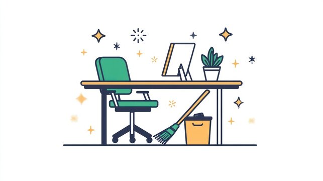 Clean office desk, broom, plant; sparkling background; work space organization