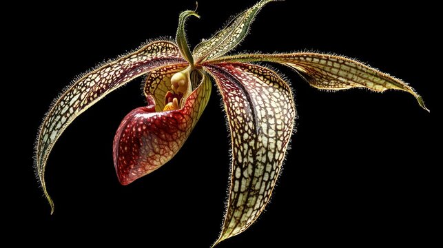 Exotic Phragmipedium Orchid Flower Close up Dark Background Detailed Petals Vibrant Colors