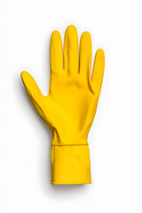 Top view bright yellow rubber cleaning glove isolated on white background
