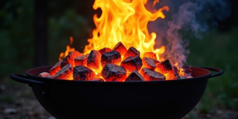 Glowing Embers Ignite in a Dark Outdoor Grill, Preparing for a Delicious Cookout