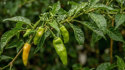Obraz premium Vibrant green chilies on bush water droplets glistening
