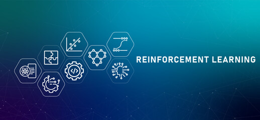 Reinforcement learning machine gradient header smart learning computer system data analysis programming AI artificial intelligence development training icon design illustration