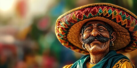 Colorful portrait of a smiling man wearing a traditional sombrero at a festive outdoor gathering in Mexico during the daytime