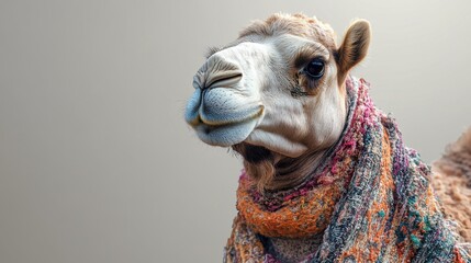 Close up of a camel wearing a colorful scarf in a natural desert environment