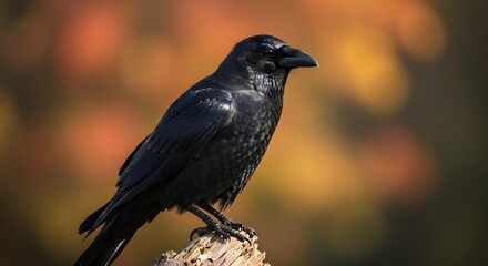 Fototapeta premium Raven Perched on Branch Autumnal Background Wildlife in Natural Habitat