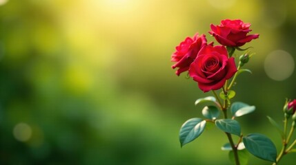 Obraz premium A Trio of Crimson Roses Illuminated by Warm Sunlight in a Lush Green Garden