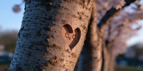 Tree Trunk with Carved Heart and Smaller Hearts