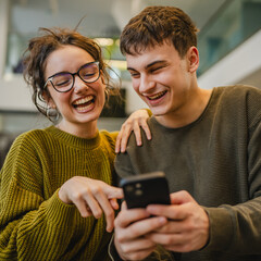 Fototapeta premium happy excited young couple use cellphone in the modern cafe