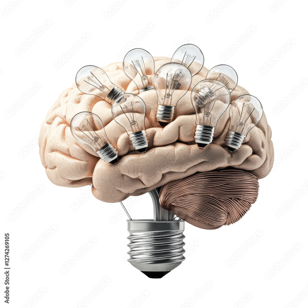 Poster creative brain concept with light bulbs symbolizing ideas and innovation. brain is depicted with light bulb base, representing intelligence and creativity