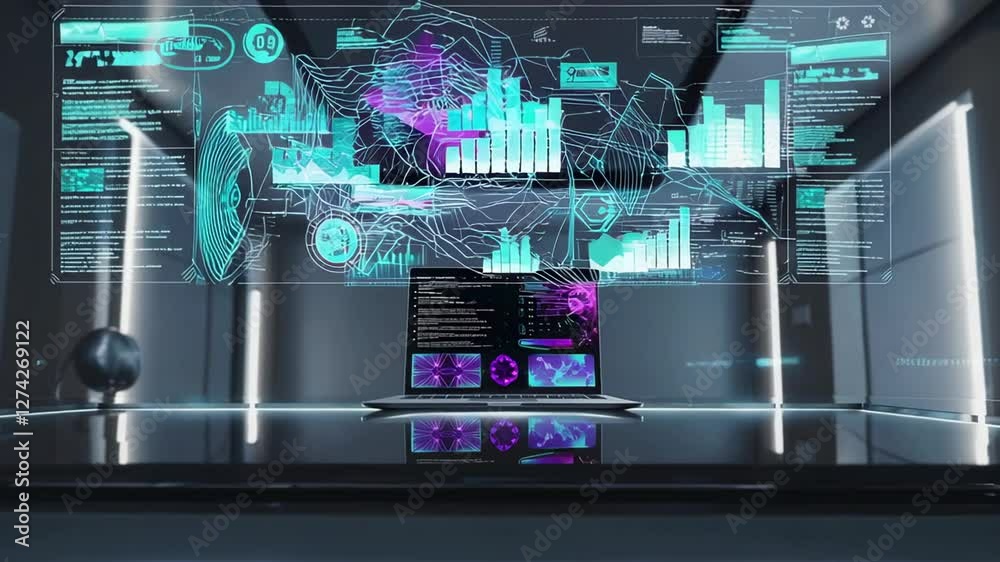 Poster modern office interior with laptop displaying holographic futuristic interface showing various busin