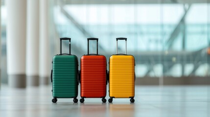 Vibrant luggage display airport terminal travel suitcase showcase modern environment close-up view colorful travel concept