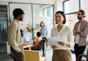 Smiling woman holding documents in a modern office environment
