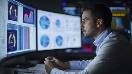 A focused professional analyzes data on multiple screens in a modern office setting, showcasing dedication and analytical skills.