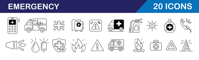 Set of 20 emergency icons, including fire safety, medical aid, ambulance, first aid kit, emergency phone, and warning symbols. Clean, minimalist black and white design for safety and healthcare use