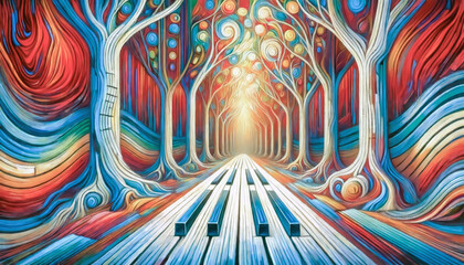 A surreal piano pathway leads through a colorful, dreamlike forest with swirling trees and glowing light, blending music and nature in a vibrant, artistic fantasy scene.