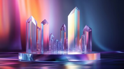 Vibrant Crystal Cityscape Iridescent Gemstones on Reflective Platform