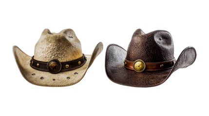 Two cowboy hats in different styles, each with a leather band and brass button details, isolated on a transparent background.