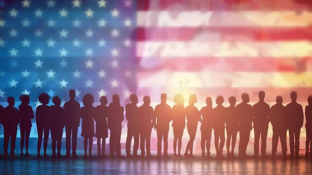 Diverse crowd standing united, backs turned toward blurred American flag silhouetted against golden sunset sky