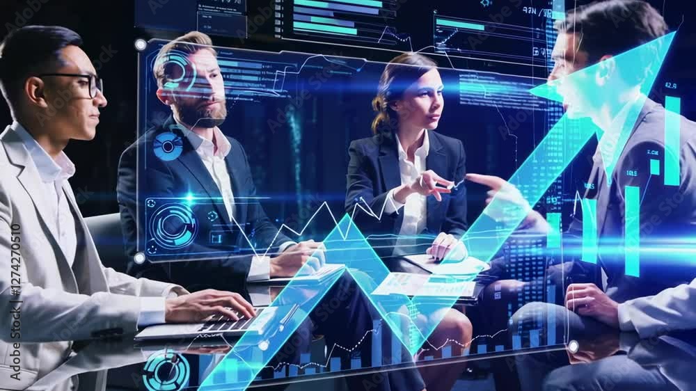 Poster Business team analyzing positive financial growth using a futuristic interface with growing graphs and data visualized in augmented reality, in slow motion