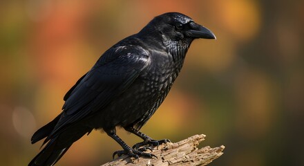 Obraz premium Raven Perched on Branch with Colorful Fall Foliage in Background
