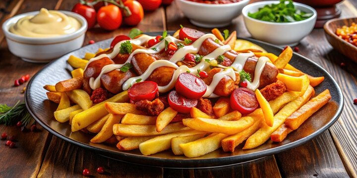 Savory Peruvian salchipapas: crispy fries, juicy sausage, and zesty sauces.