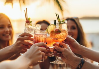 Friends toasting with colorful cocktails at sunset by the beach