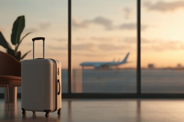 Stylish hardshell luggage near panoramic airport viewpoint travel scene contemporary environment elegant concept