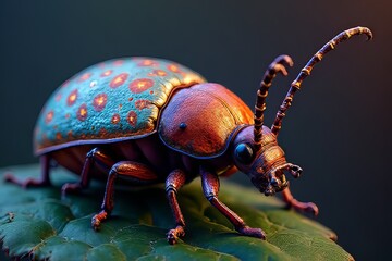 Fototapeta premium Vibrant Colorful Beetle on a Leaf Macro Photography