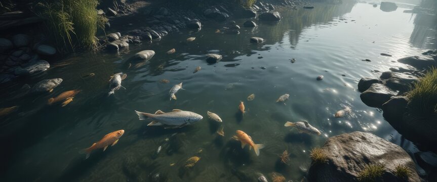 Fish floating listlessly on the surface of a heavily polluted river , aquatic ecosystem damage, toxic chemicals, ecological harm