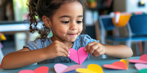 Young Girl Making Paper Hearts
