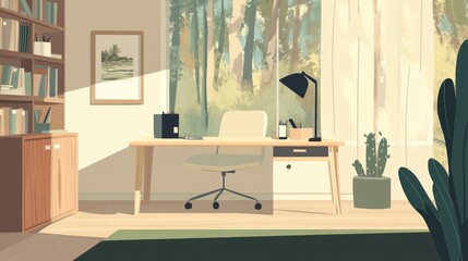Fototapeta premium Sunlit home office with forest view