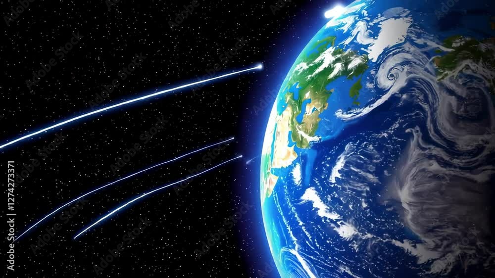 Aufkleber Planetary rotation revealing mesmerizing meteor shower streaking across dark cosmic backdrop, showcasing dynamic celestial phenomenon within vast astronomical environment