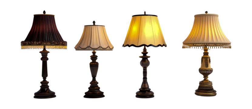 A variety of elegant table lamps in black and gold, white on each lamp shade, isolated on a transparent background.