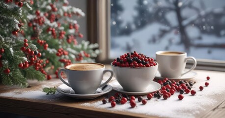 Festive berries and steaming coffee on a snowy table create a cozy winter ambiance, peaceful atmosphere, colorful berries