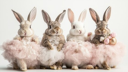 Obraz premium Three rabbits wearing colorful tutus sitting together on a grassy surface in a playful setting