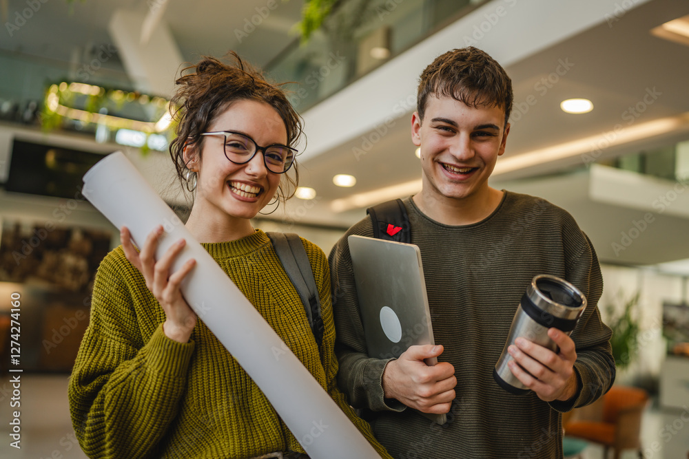 Wall mural Portrait of young couple stand with equipment in the modern cafe