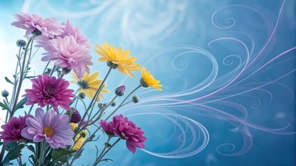 Obraz premium Ethereal blue hue with swirling patterns of neon flowers in various shades of pink, yellow, and purple, psychedelic petals, glowing flora