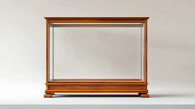 A wooden display case with a clear glass front