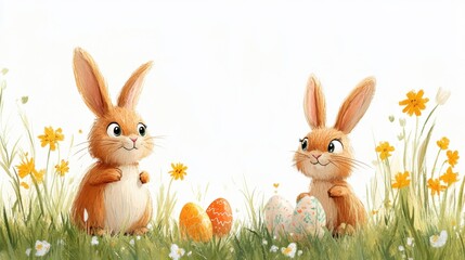 Two rabbits sitting in green grass surrounded by colorful easter eggs in a sunny outdoor setting