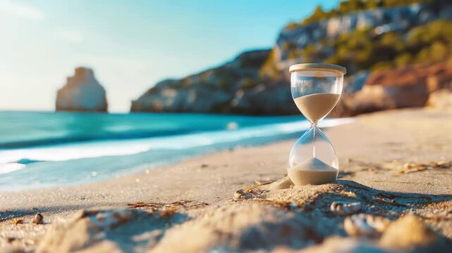 Golden sand trickling through hourglass neck, measuring moments against coastal landscape with turquoise waters, rocky cliffs framing temporal passage