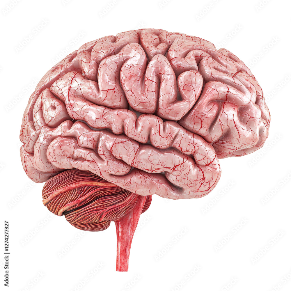 Poster anatomical illustration of human brain showing detailed structure and blood vessels, emphasizing its