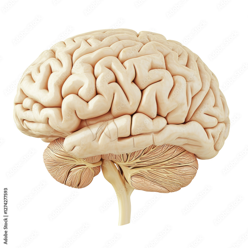 Poster Anatomical illustration of human brain with detailed structure, showcasing cerebral cortex and cerebellum. This represents complexity of human cognition and neurological functions