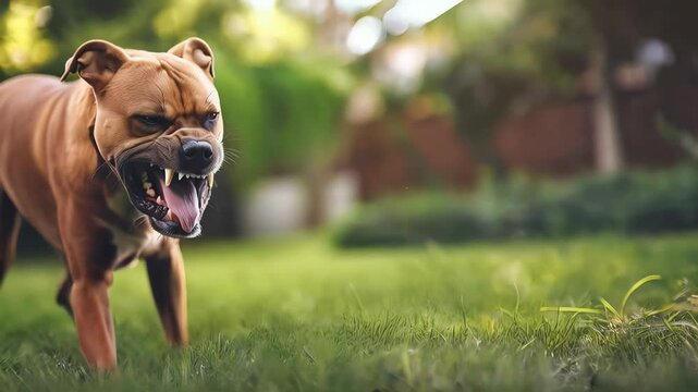 Muscular brown pitbull growling, revealing sharp teeth while standing on residential lawn, displaying territorial aggression and defensive stance