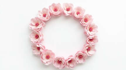 Obraz premium Floral Wreath Made of Pink Blossoms on a White Background for Seasonal Decoration